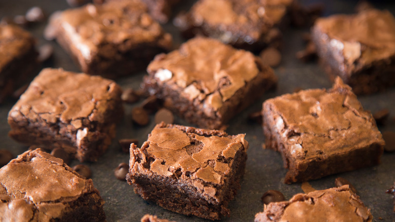 gooey brownies on a bench