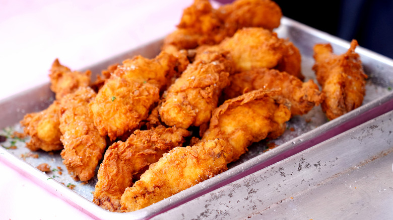 Chicken tenders on a tray