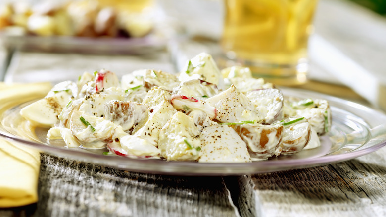 plate of potato salad on picnic table