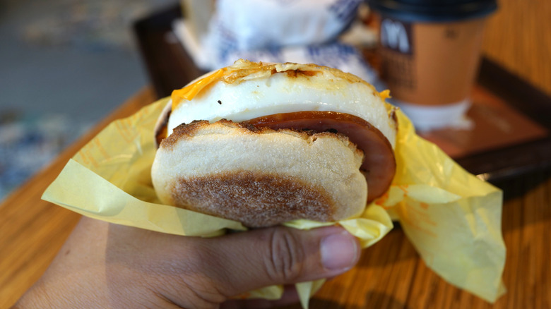 person holding egg mcmuffin