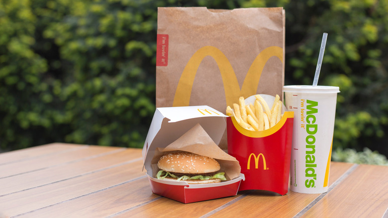 McDonald's burger, fries, drink, and bag 