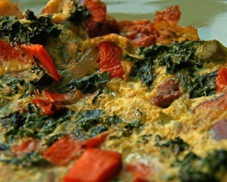 Merguez, Kale, and Sweet Potato Frittata