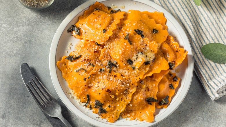 plate of brown butter sage pumpkin ravioli