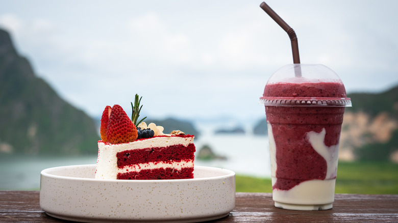 Red velvet cake slice with shake