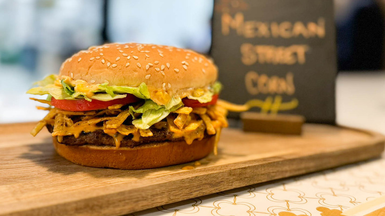 Burger King Mexican street corn Whopper on wooden board