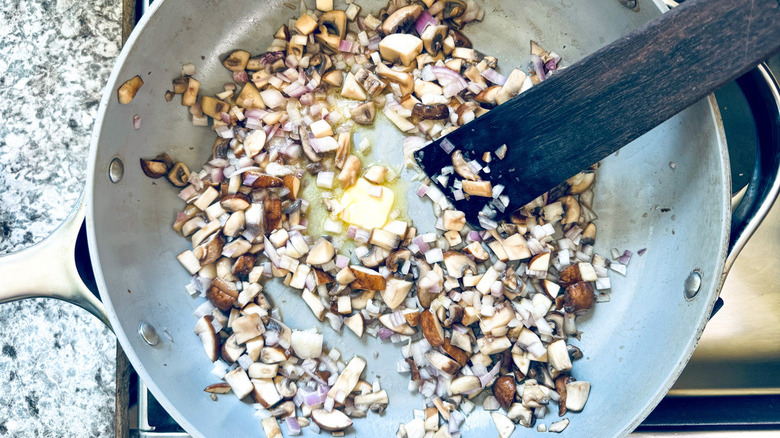 mushrooms and shallots in pan