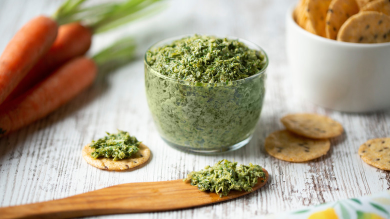 Carrot greens pesto in a bowl