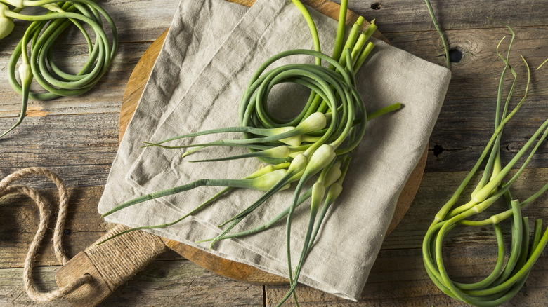 Garlic scapes on a muslin cloth