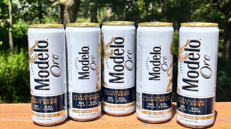 Five cans of Modelo Oro