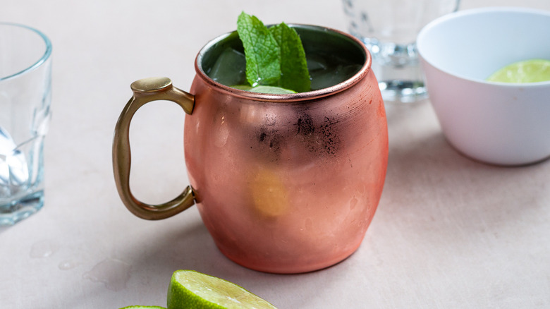 Moscow mule in copper mug on counter