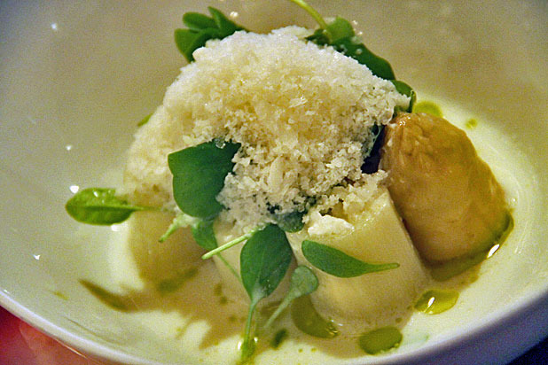 White Asparagus, Mozzarella, Sorrel, Finger Lime, and Parmesan — JBF Pop-Up with Iñaki Aizpitarte and David Chang