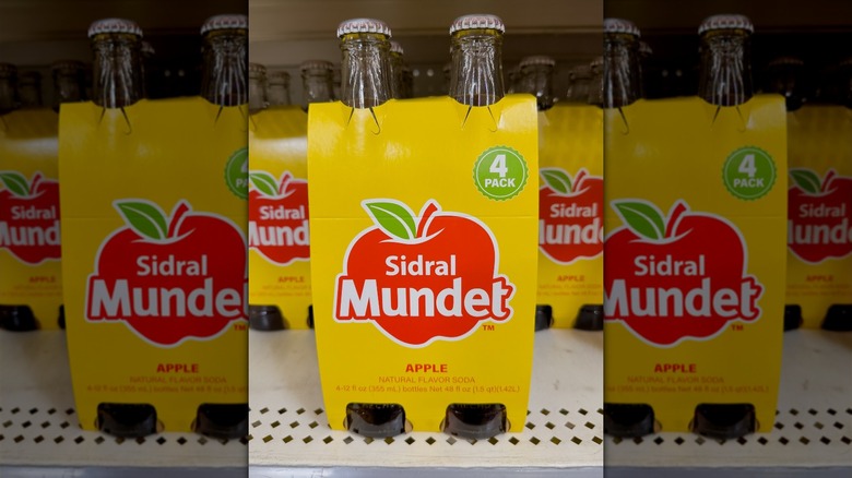 Sidral Mundet apple soda stocked on shelf