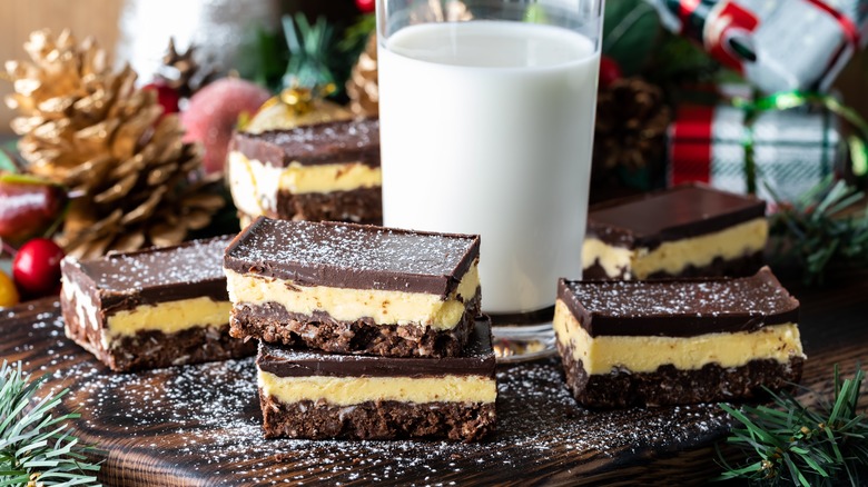 Nanaimo bars with milk glass