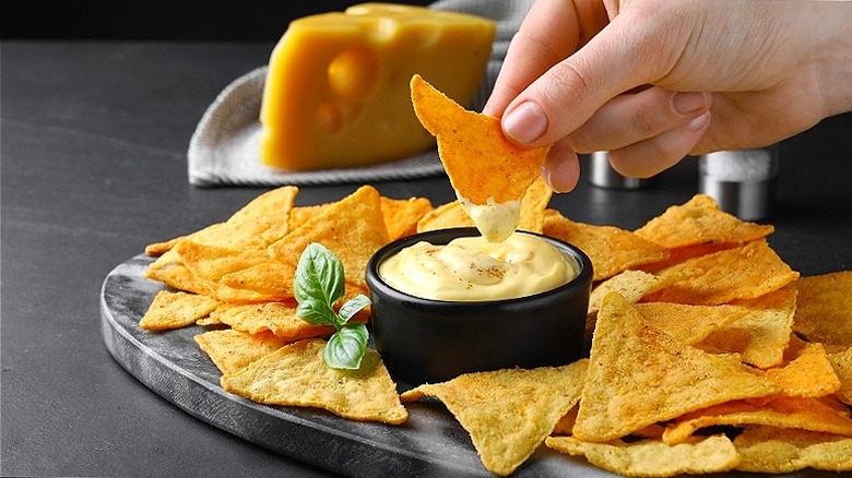 Hand dipping chip in cheese sauce