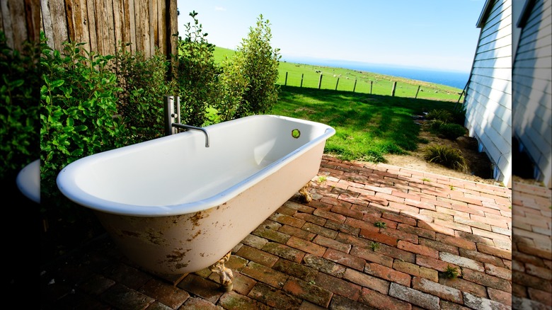 clawfoot bathtub outside