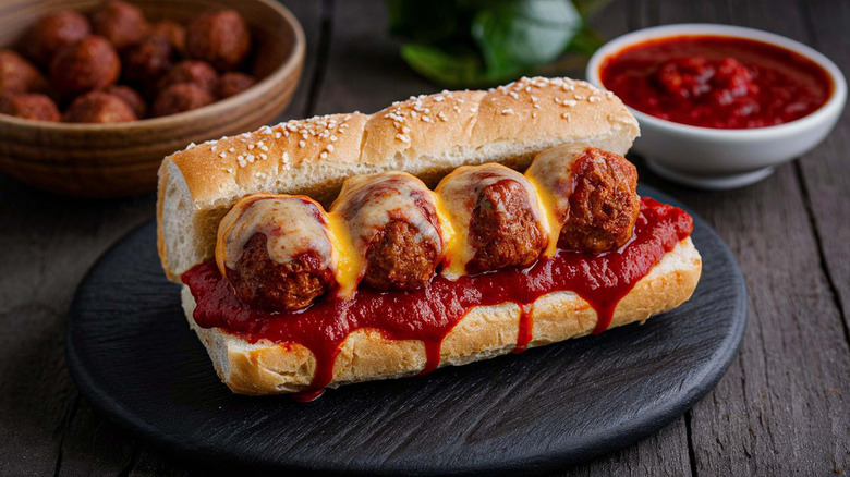 Sauced meatball sub on a black plate