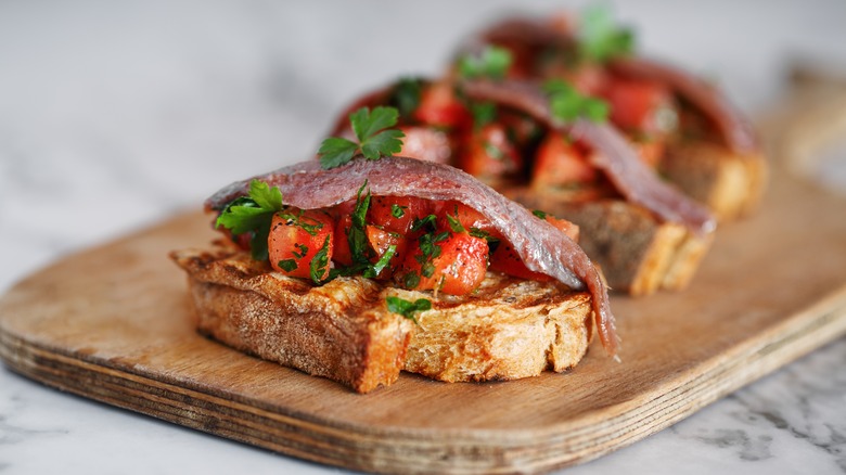 anchovy filet on bruschetta