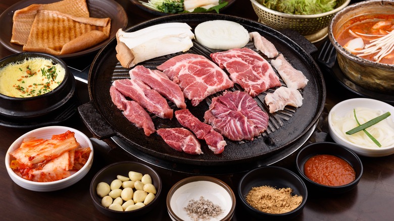 Korean barbecue restaurant spread