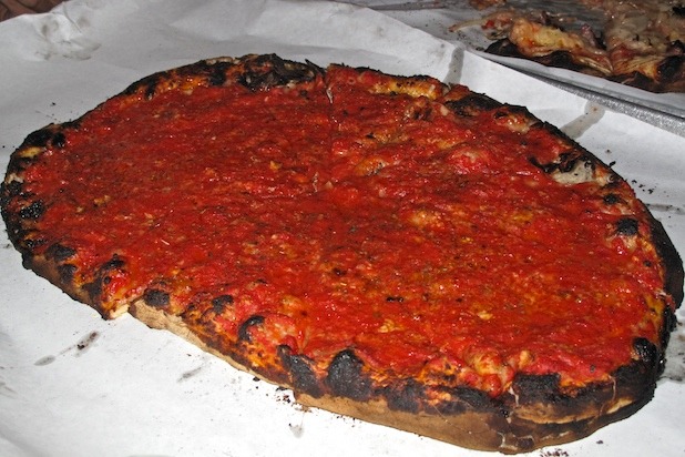 Plain Tomato Pie with Parmesan at Sally's Apizza.