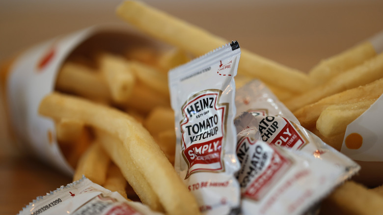 French fries with Heinz ketchup packets