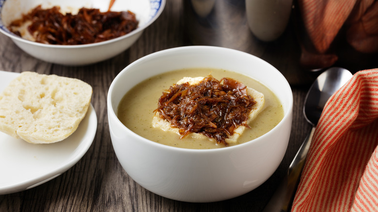 Soup topped with caramelized onions