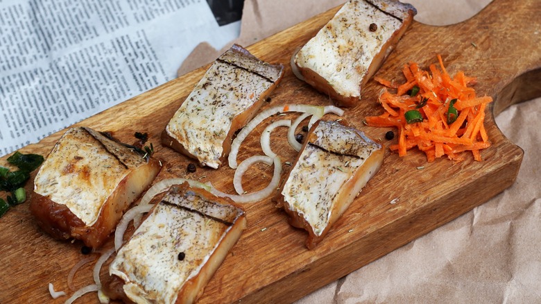 Food on oak cutting board