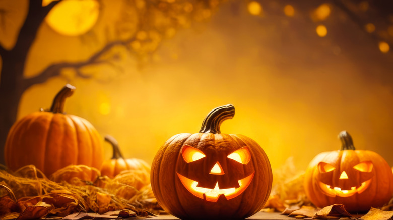 Carved pumpkins against a spooky backdrop