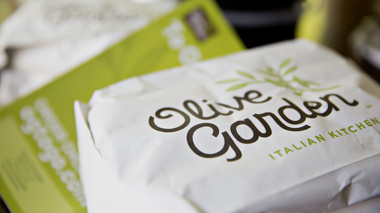 Closeup of Olive Garden to-go bag