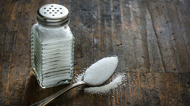 Salt shaker and salt on spoon