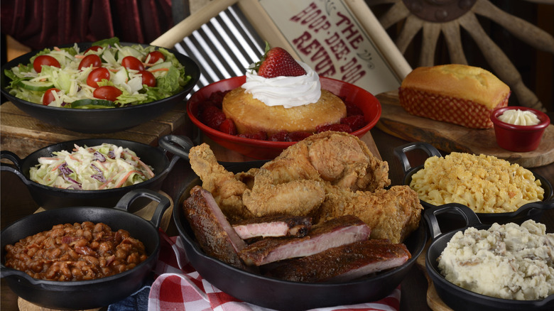 All the food available at Hoop-Dee-Doo Musical Revue laid out on a table