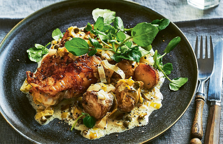 Chicken Thighs With Creamy Leek and Caper Sauce