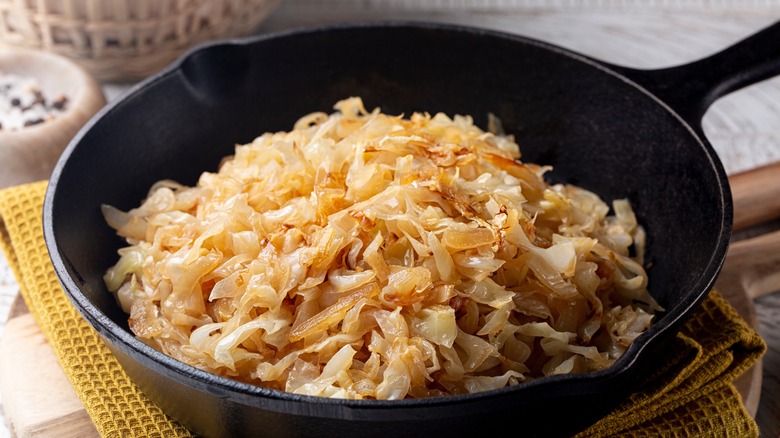 browned caramelized cabbage in skillet