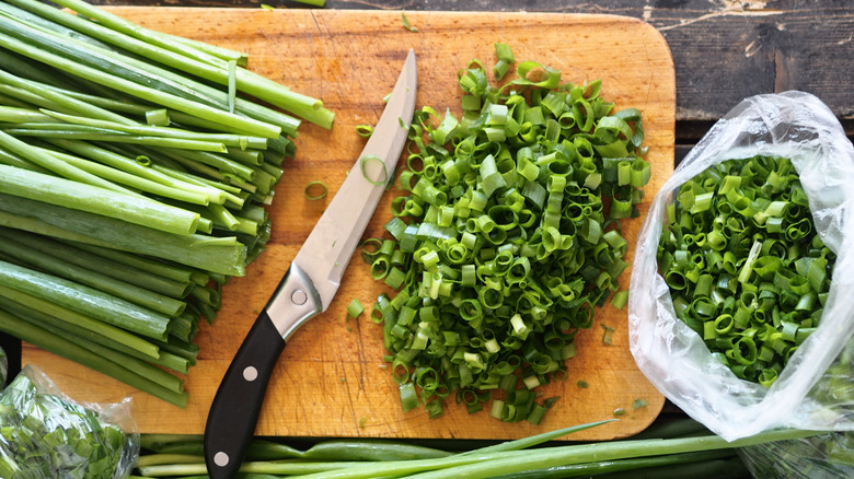 Green onions chopped for airtight bag storage