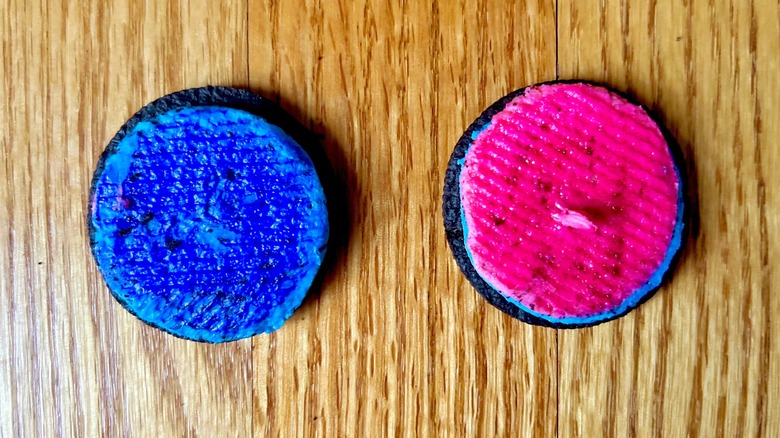 opened OREOs with pink and blue creme