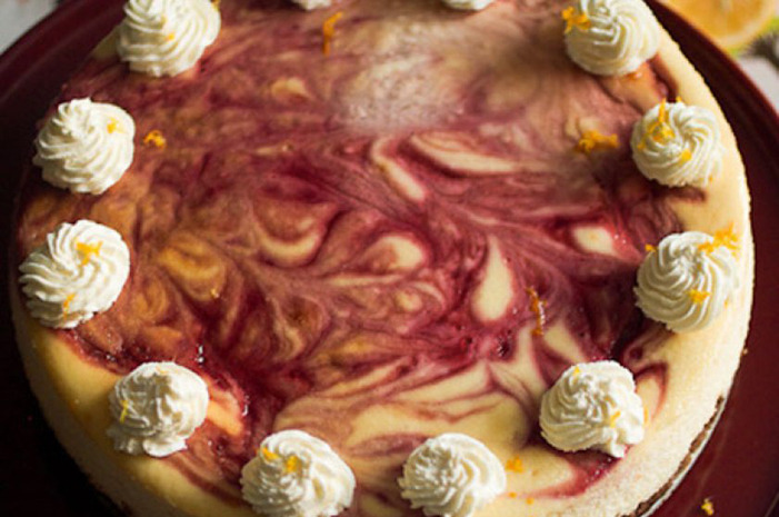 Meyer Lemon Raspberry Swirl Cheesecake