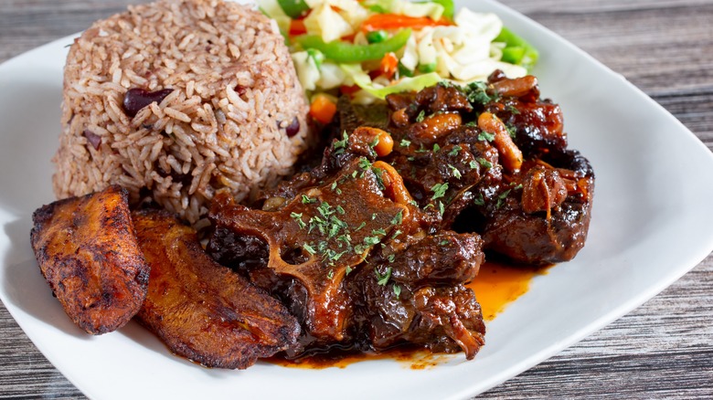 plate of braised oxtail with rice and salad