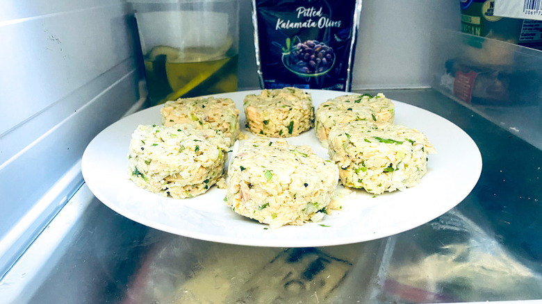 tuna patties chilling in fridge