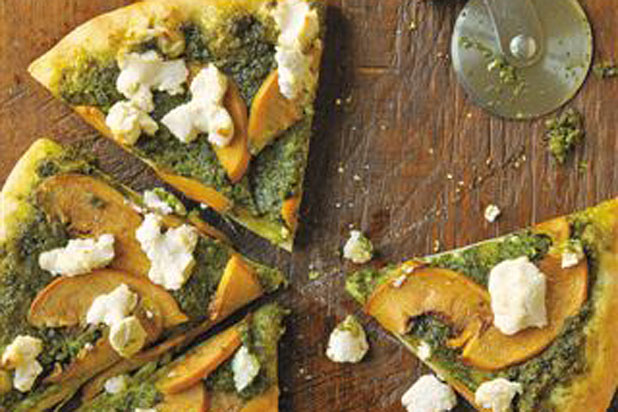 6. Pizza with Goat Cheese, Peaches, and Almond-Tarragon Pesto