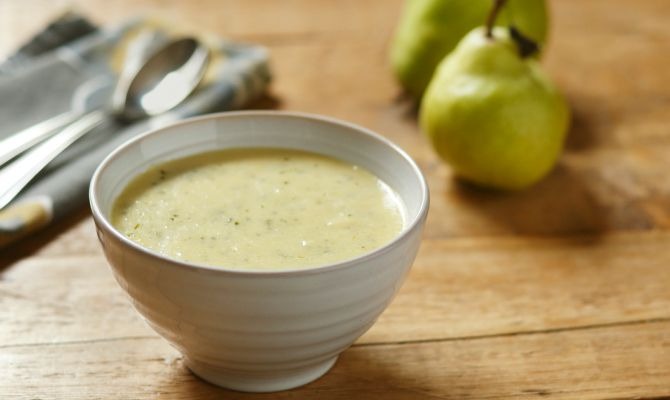 Pear and Sweet Corn Soup with Basil-Macadamia Pesto