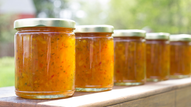 Jars of pepper jelly lined up