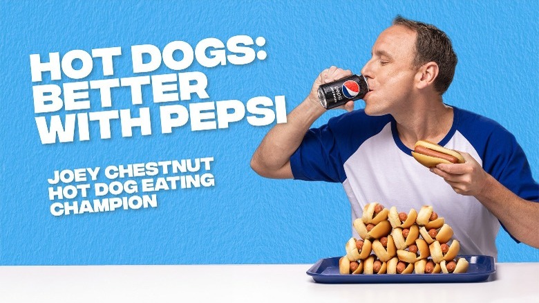 Joey Chestnut consuming hot dogs and Pepsi