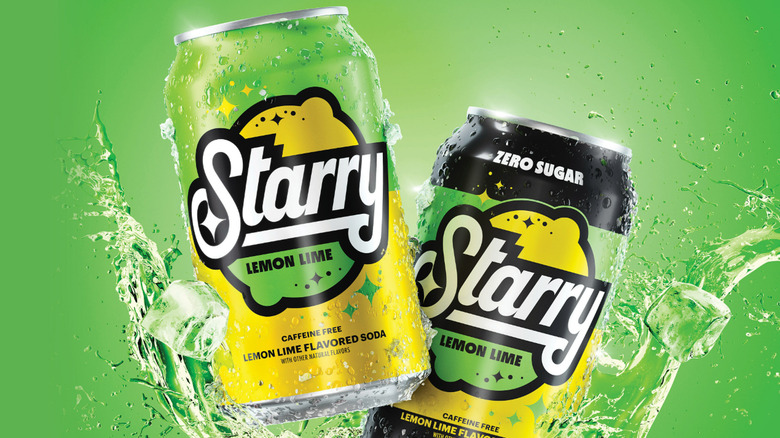 Cans of Starry soda and ice