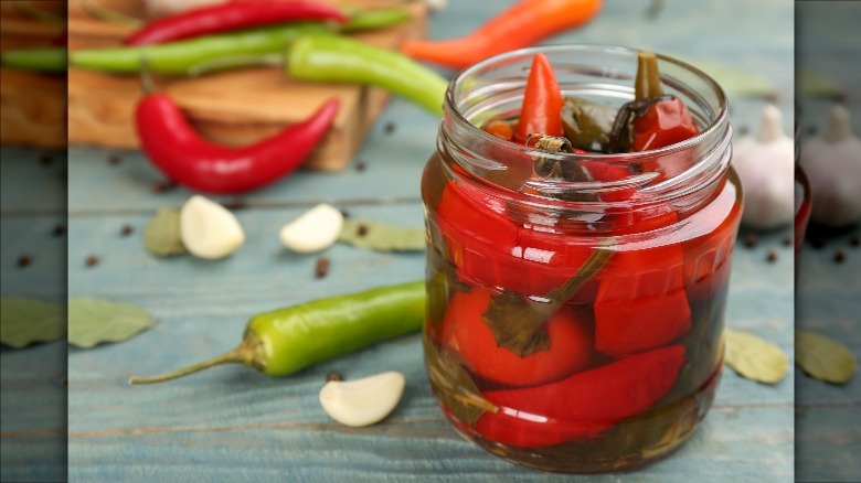 pickled chili peppers in jar