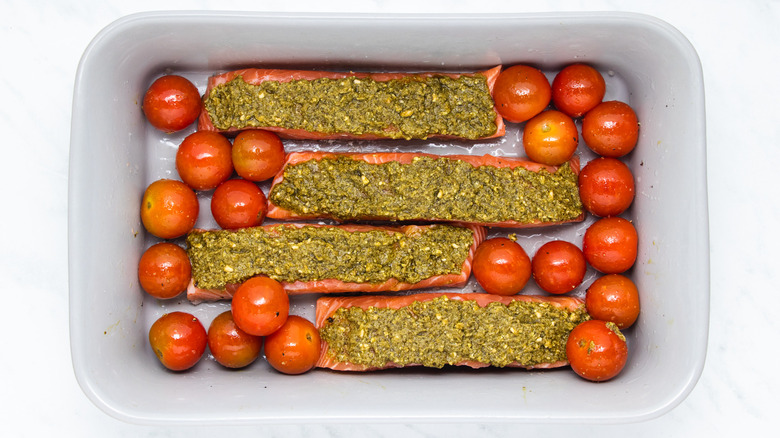 salmon and tomatoes in dish