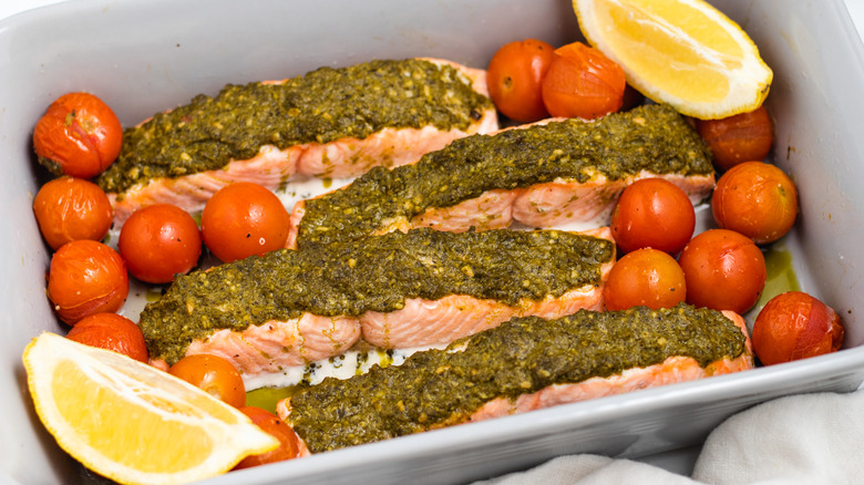 roasted salmon with pesto and tomatoes