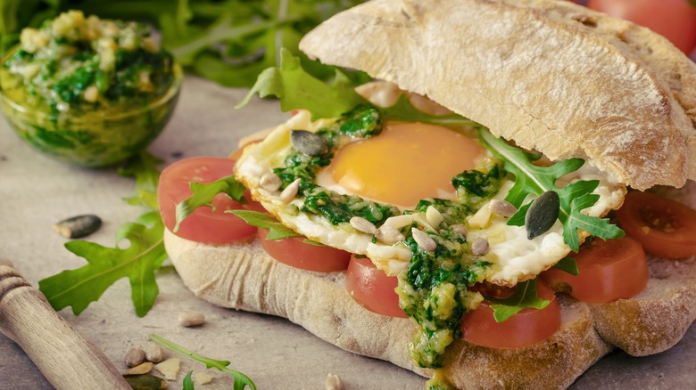 Pesto tomato fried egg sandwich