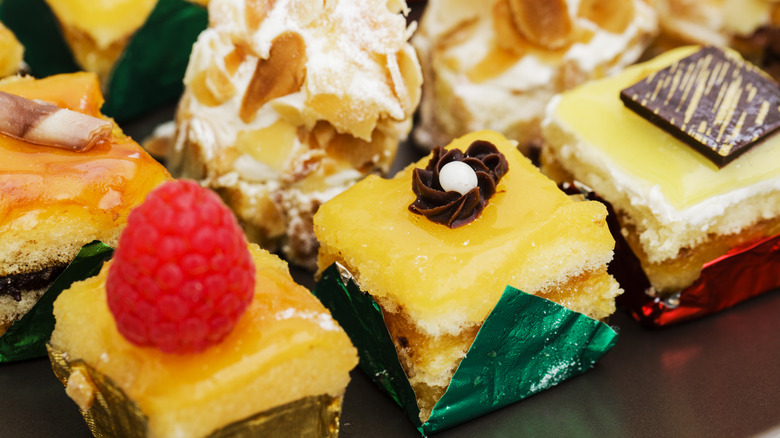 Petit fours with raspberry, chocolate, and almonds