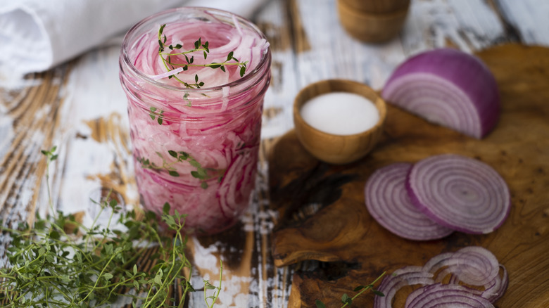 Homemade pickled red onions in a jar