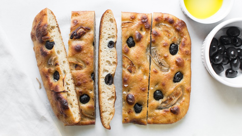 sliced focaccia with black olives