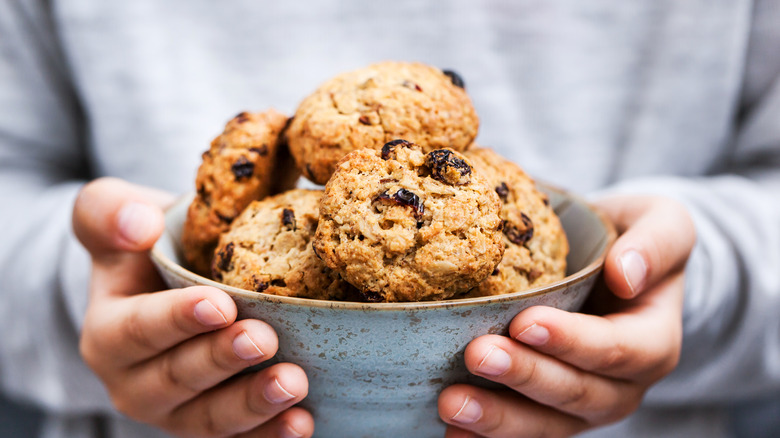 Bowl of oatmeal raisin cookies